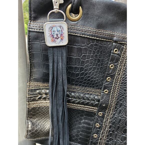 Handmade pitbull boho Leather Fringe Western bag charm, Long fringe keychain - Picture 1 of 4